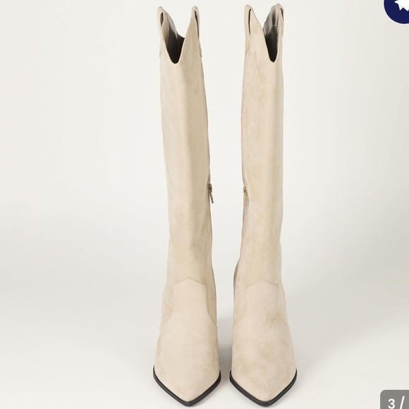 The Drop Cassandra Clay Microsuede Beige Western Knee-High Women's Heeled Boots - Picture 3 of 8
